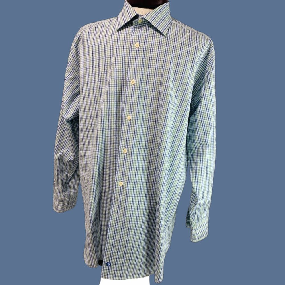 David Donahue VINTAGE David Donahue Mens Button Up Dress Shirt Plaid Green Blue 17.5 32/33 Regular Chest 26 Length 32.5 Sleeve 23 Mens Size 48R - 1 Thumbnail