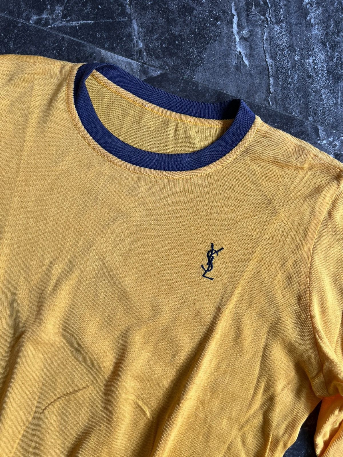 Yves Saint Laurent Vintage YSL Yellow Blue Trim Long Sleeve Knit Sweater Size US M / EU 48-50 / 2 - 3 Thumbnail