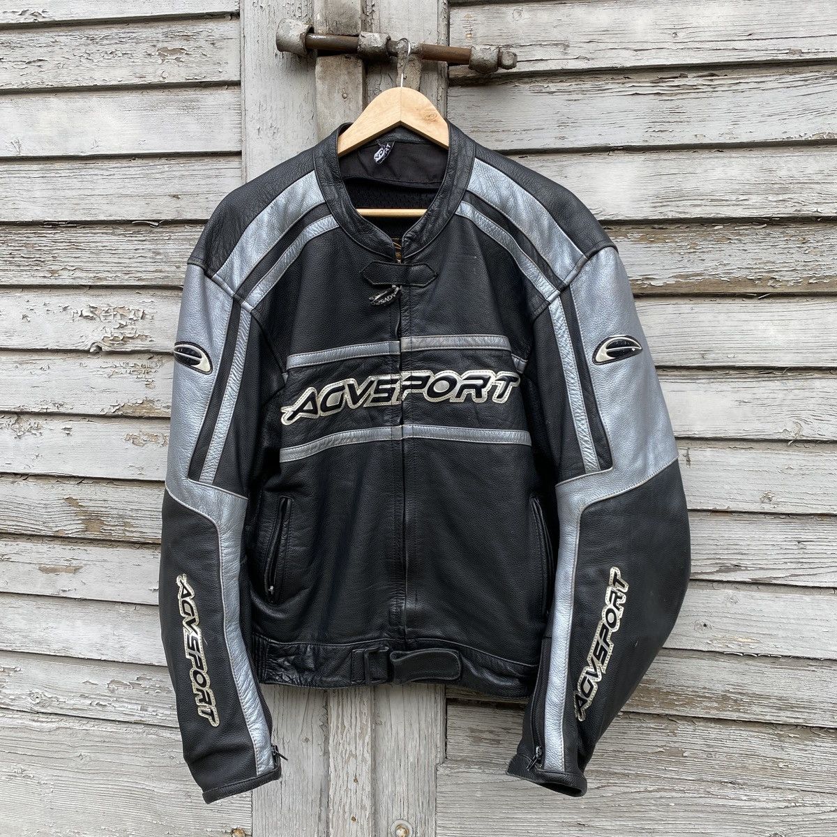 image of Leather Jacket x Racing Agv Sport Black Silver Real Leather Vintage Racing Jacket XL in Chrome