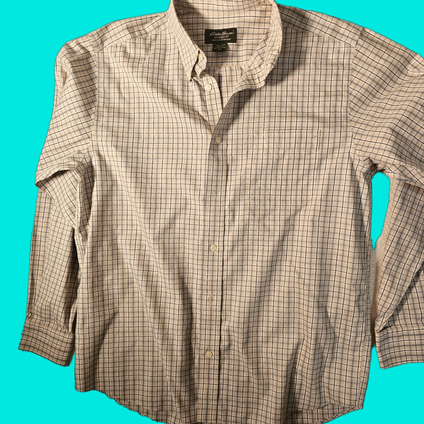 Eddie Bauer Eddie Bauer Mens Long Sleeve Tan & Blue Plaid Button Up Dress Shirt M Brown Plaid Shirt Mens Button-Up Shirt Size 40R - 1 Thumbnail