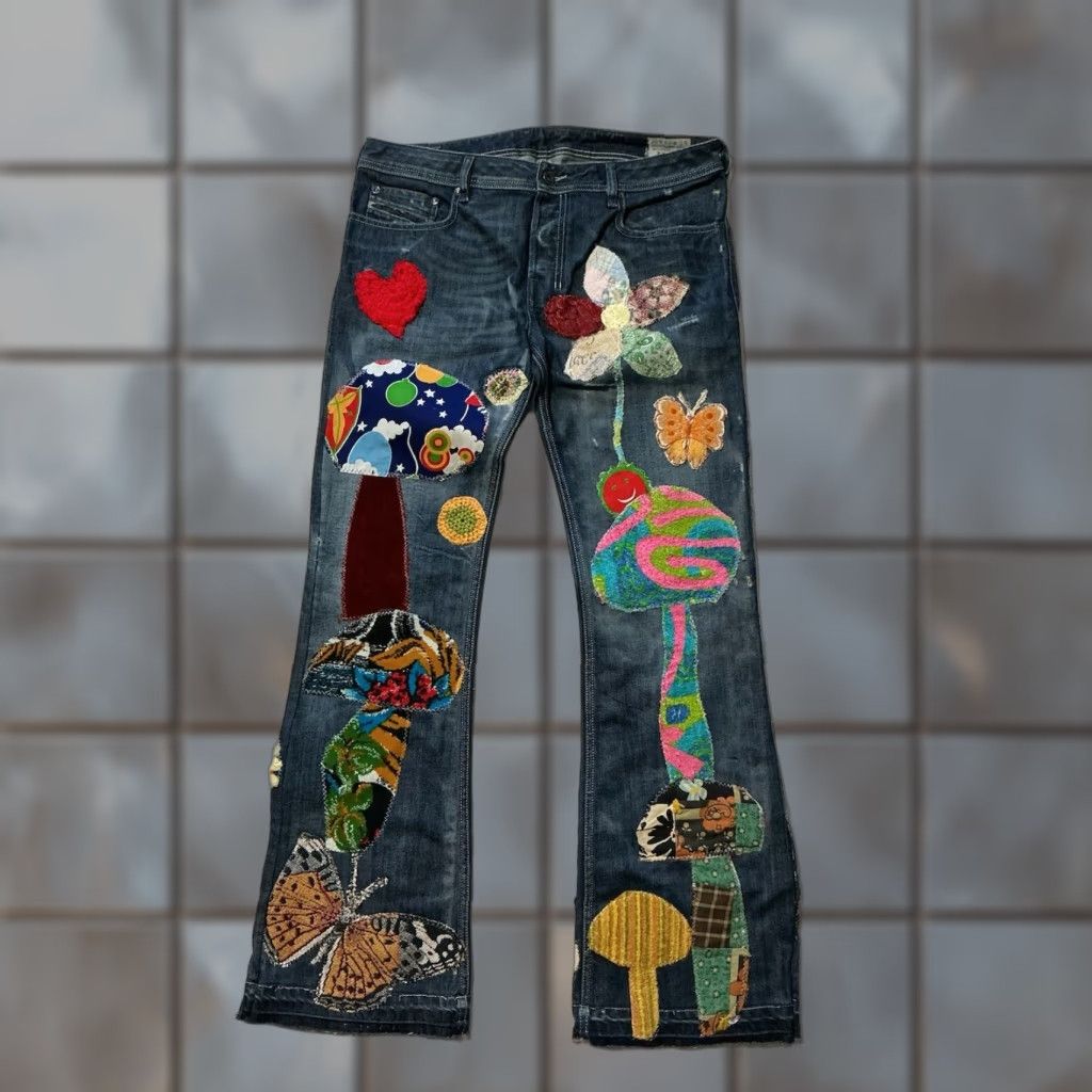 Diesel Zathan Bootcut Denim Jeans Men Regular 36 Mushroom Shrooms Butterfly Floral Patchwork Floral Patchwork Denim Jeans 34 Inseam Vintage? not sure.