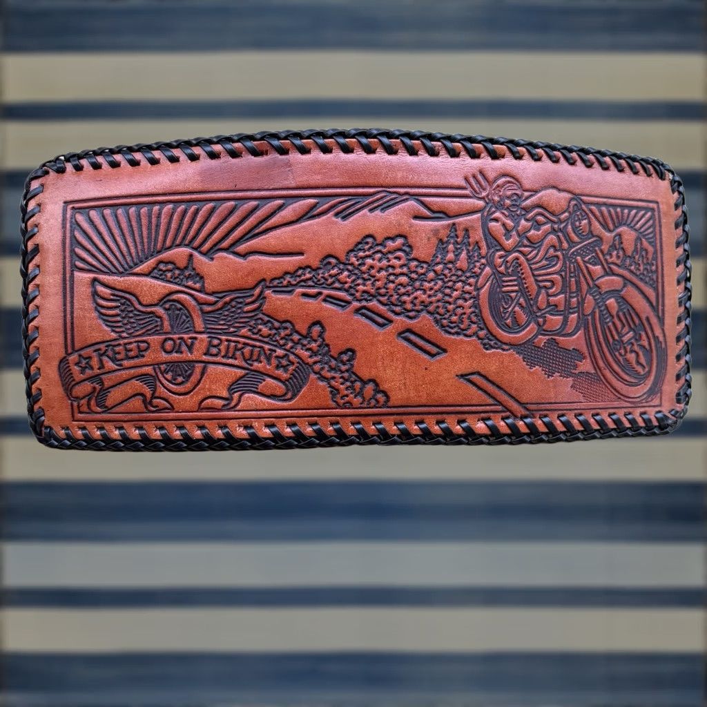 Vintage VINTAGE Leather Wallet Keep On Bikin Whipstitch Hand Tooled Motorcycle Bifold Wallet Men Brown Leather Eagle Pattern LACED Handmade United States Size ONE SIZE - 1 Thumbnail