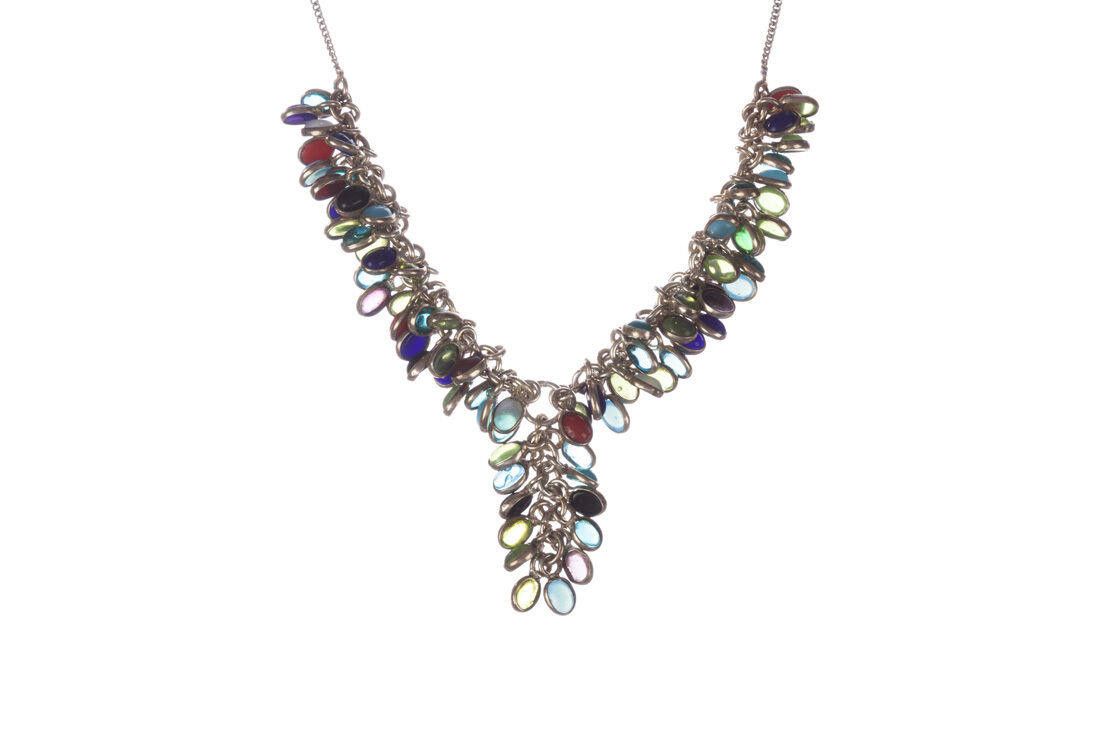 Designer Silver Necklace w/ Iolite, Opalite, Coral Amethyst Cabochons Size ONE SIZE - 1 Thumbnail