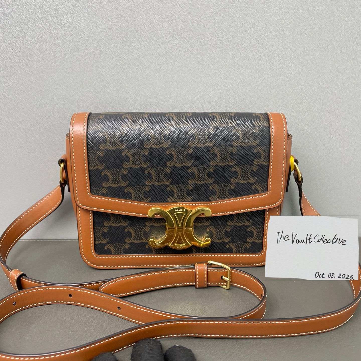Celine Triomphe Small Brown Coated Canvas Triomphe Flap Bag Shoulder Bag, Women's