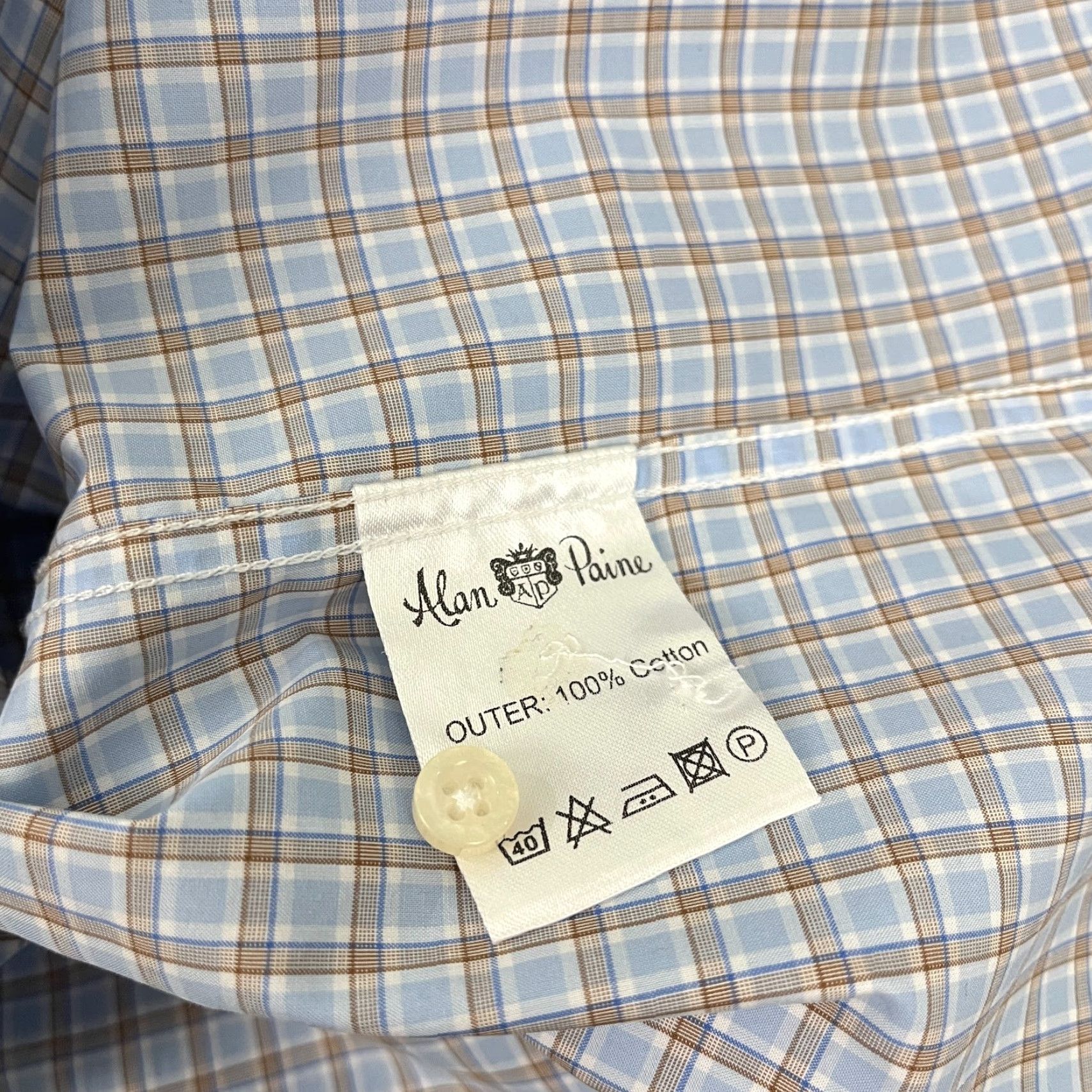 Vintage Alan Paine England Mens XL Blue Brown Plaid Button Down Shirt Business Casual Formal Workwear Shirt Size 46R - 4 Thumbnail