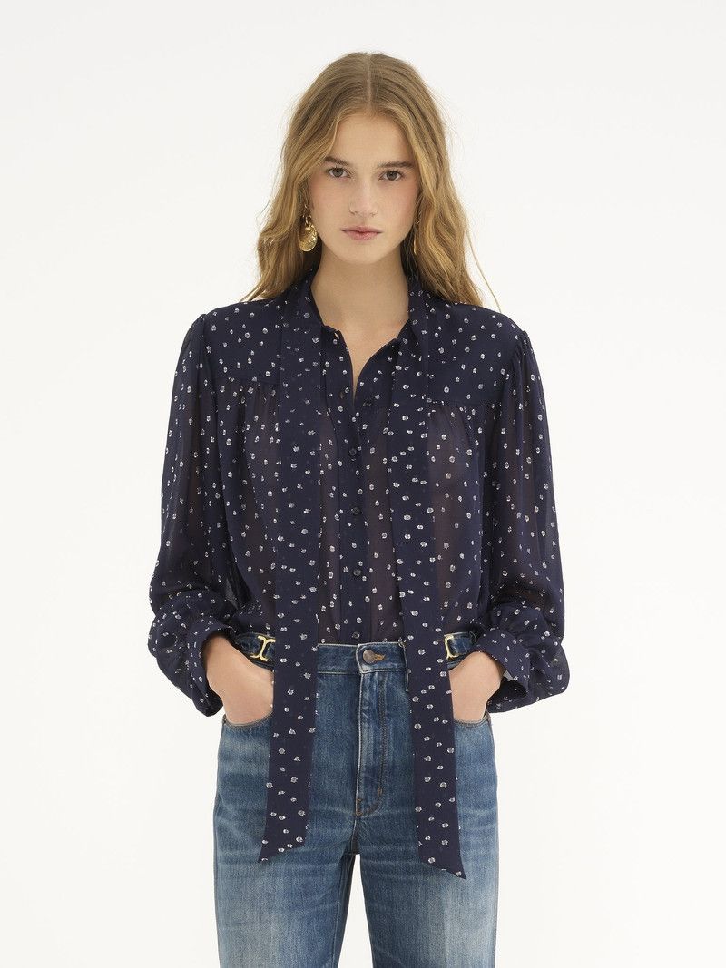 Chloe o1loc1c11125 Silk Lurex Dots Lavalliere Blouse in Navy Size L / US 10 / IT 46 - 3 Thumbnail