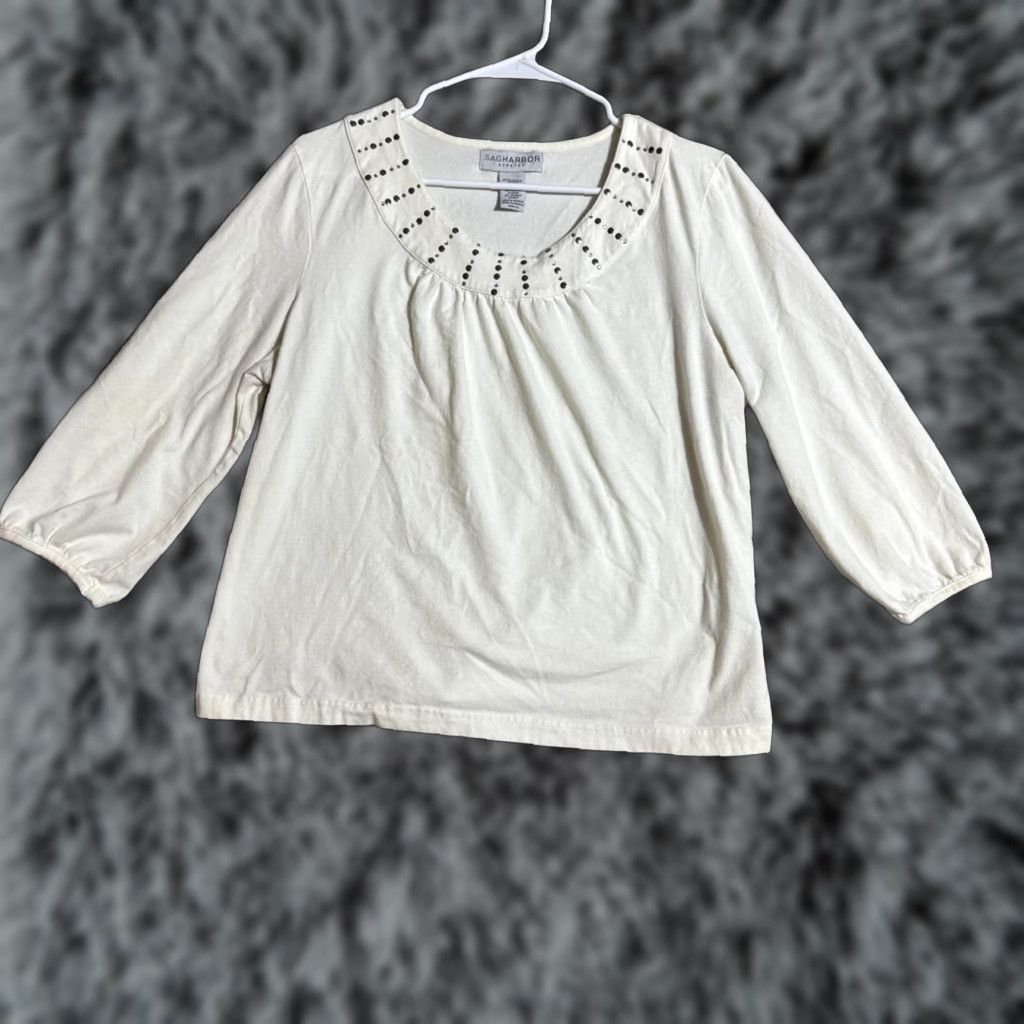 Vintage Sag Harbor Blouse Women L Sequins Embellished Top 3/4 Sleeve Round Neck Ivory Cotton Spandex Office Workwear Y2K Inspired Size L / US 10 / IT 46 - 1 Thumbnail