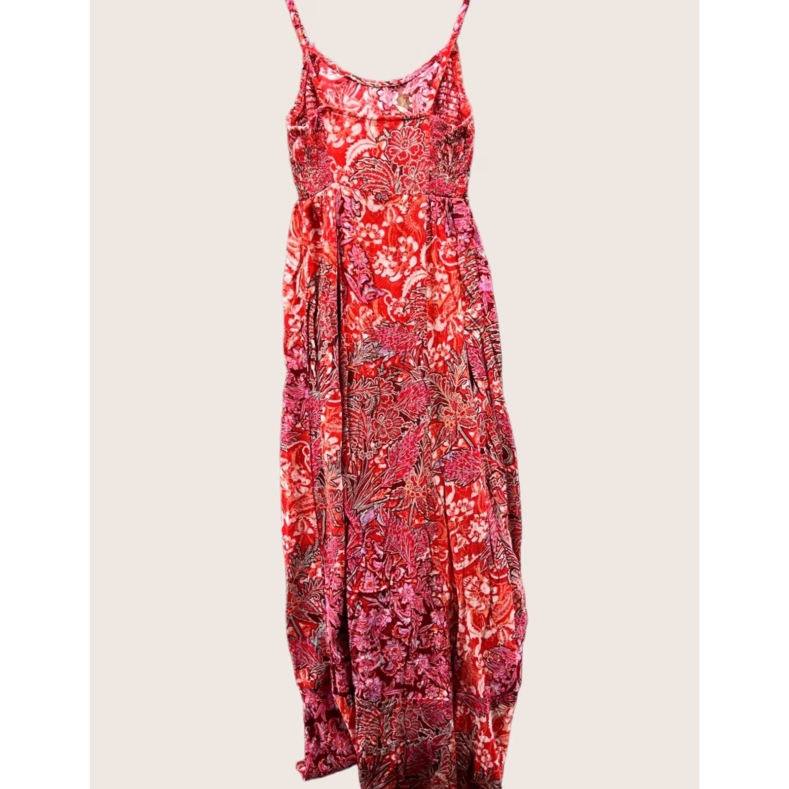 Free People VINTAGE? No. Free People Dress Womens XS Red Pink Floral Boho Maxi Spaghetti Straps Pencil Size XS / US 0-2 / IT 36-38 - 1 Thumbnail