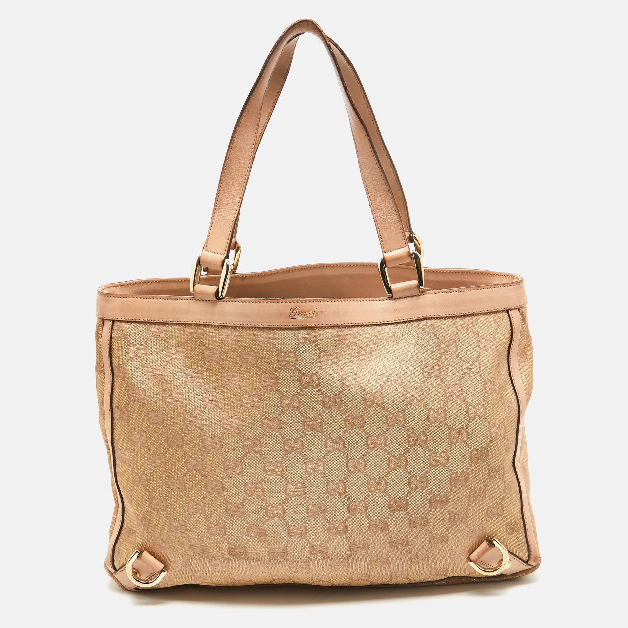 image of Gucci Dusty Pink/gold GG Lurex Fabric And Leather Tote, Women's