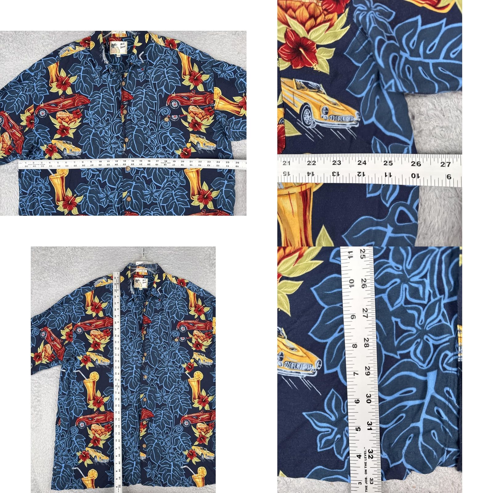 Vintage M.E Sport Shirt Mens 2XLT Blue Short Sleeve Button Up Hawaiian Cars Cocktail Hibiscus Tropical Graphic Print Casual Summer Size US XXL / EU 58 / 5 - 8 Thumbnail