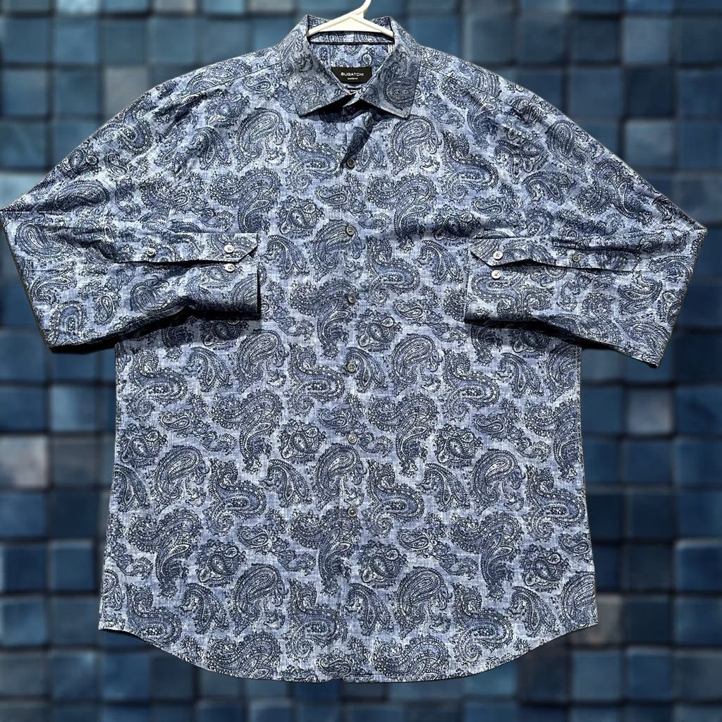 BUGATCHI Bugatchi Shirt Mens Large Blue Paisley Print Shaped Fit Superfine Stretch Cotton Size US L / EU 52-54 / 3 - 1 Thumbnail