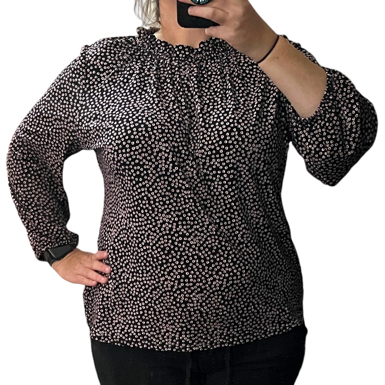 Adrianna Papell Moss Crepe Ruffle Neck 3/4 Sleeve Heart Patterned Top Size XL / US 12-14 / IT 48-50 - 2 Thumbnail