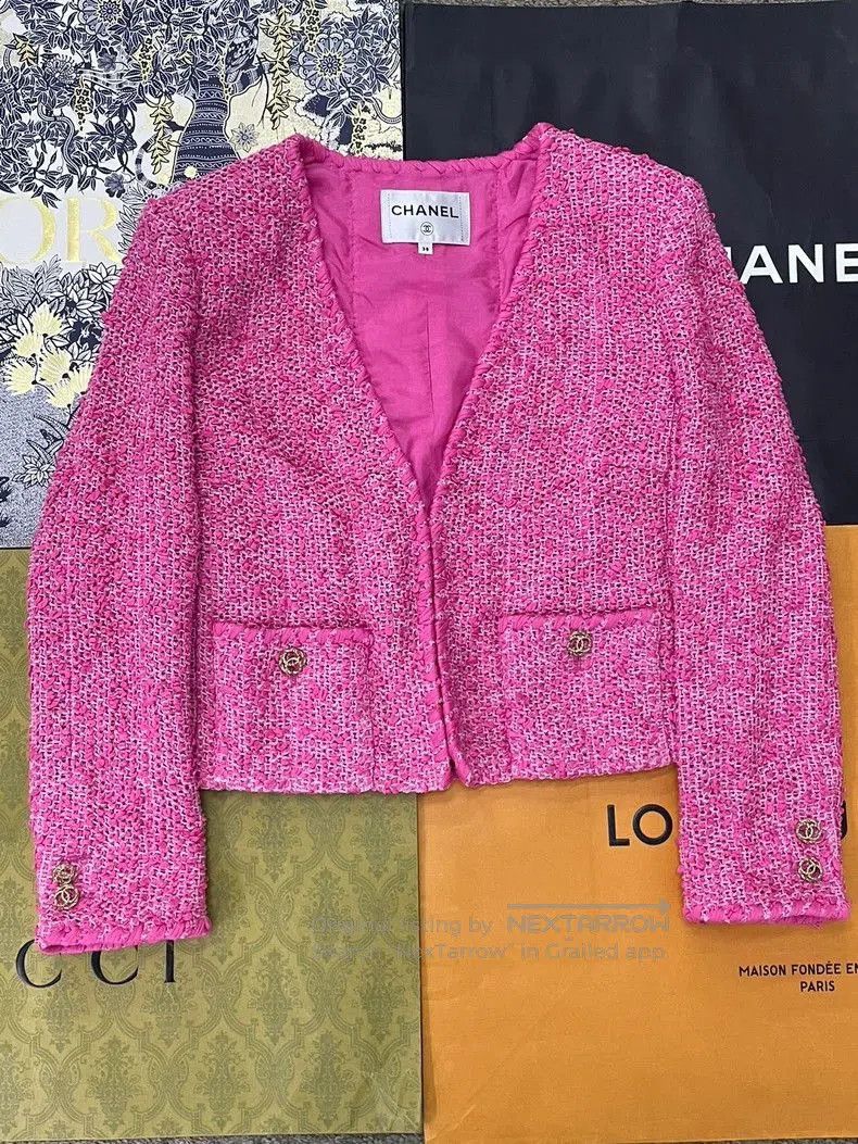 Chanel Pink V-Neck Knit Jacket.