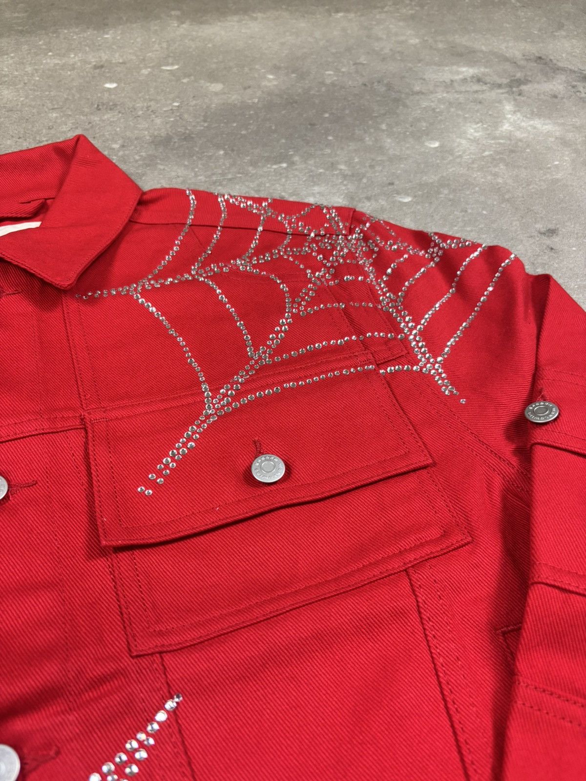Sp5der Sp5der Web Denim Cropped Trucker Jacket, Red Size US XS / EU 42 / 0 - 4 Thumbnail