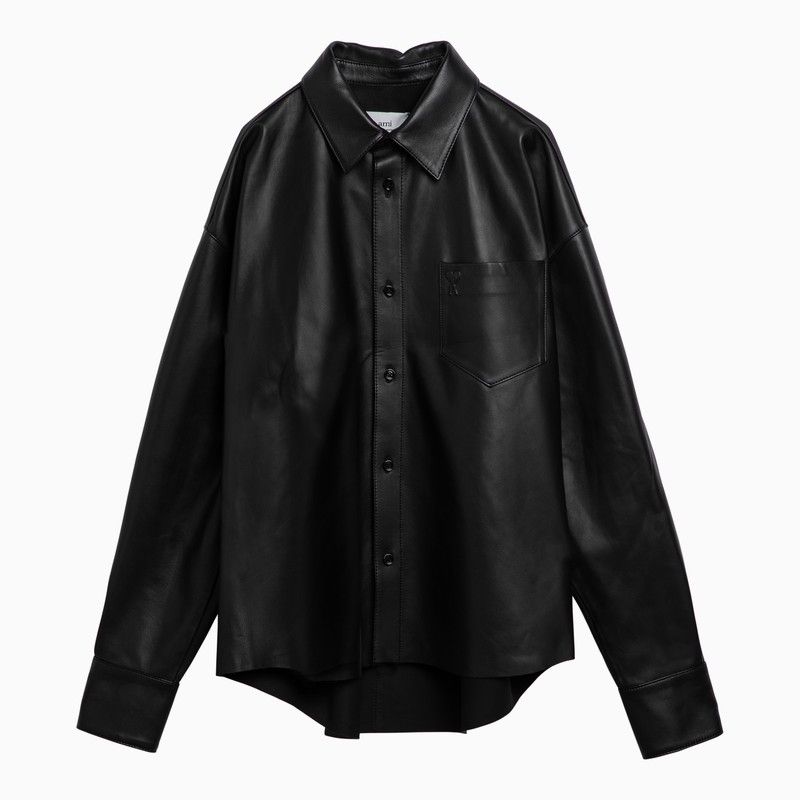 image of Ami Paris Black Leather Long Sleeved Shirt, Men's (Size Small)