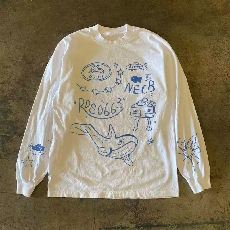 Japanese Brand White casual retro whale print long-sleeved t-shirt Size US M / EU 48-50 / 2 - 1 Thumbnail