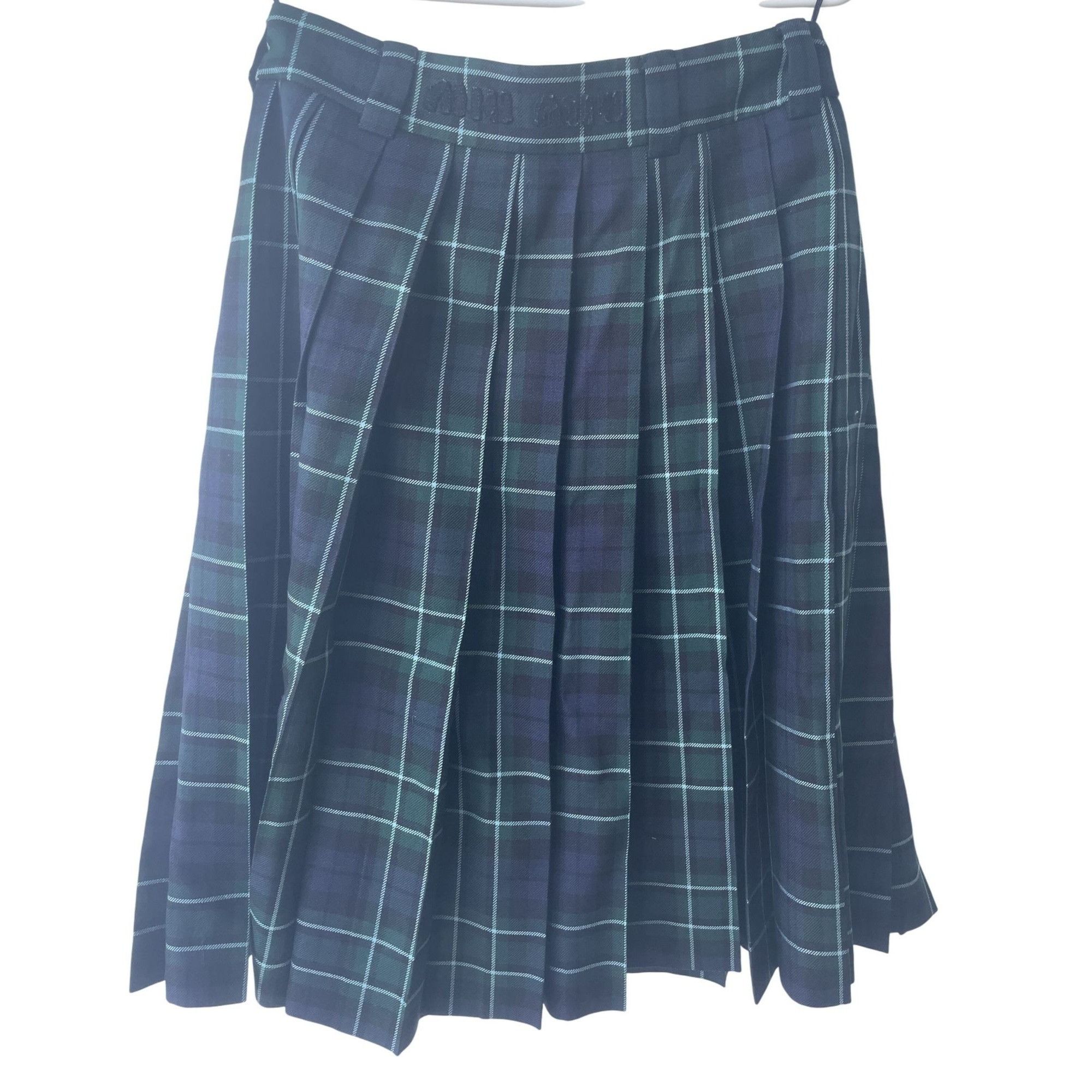 Miu Miu Miu Miu Green & Navy Plaid Pleated Wool Skirt Made In Italy Size 38" / US 16 / IT 52 - 2 Thumbnail