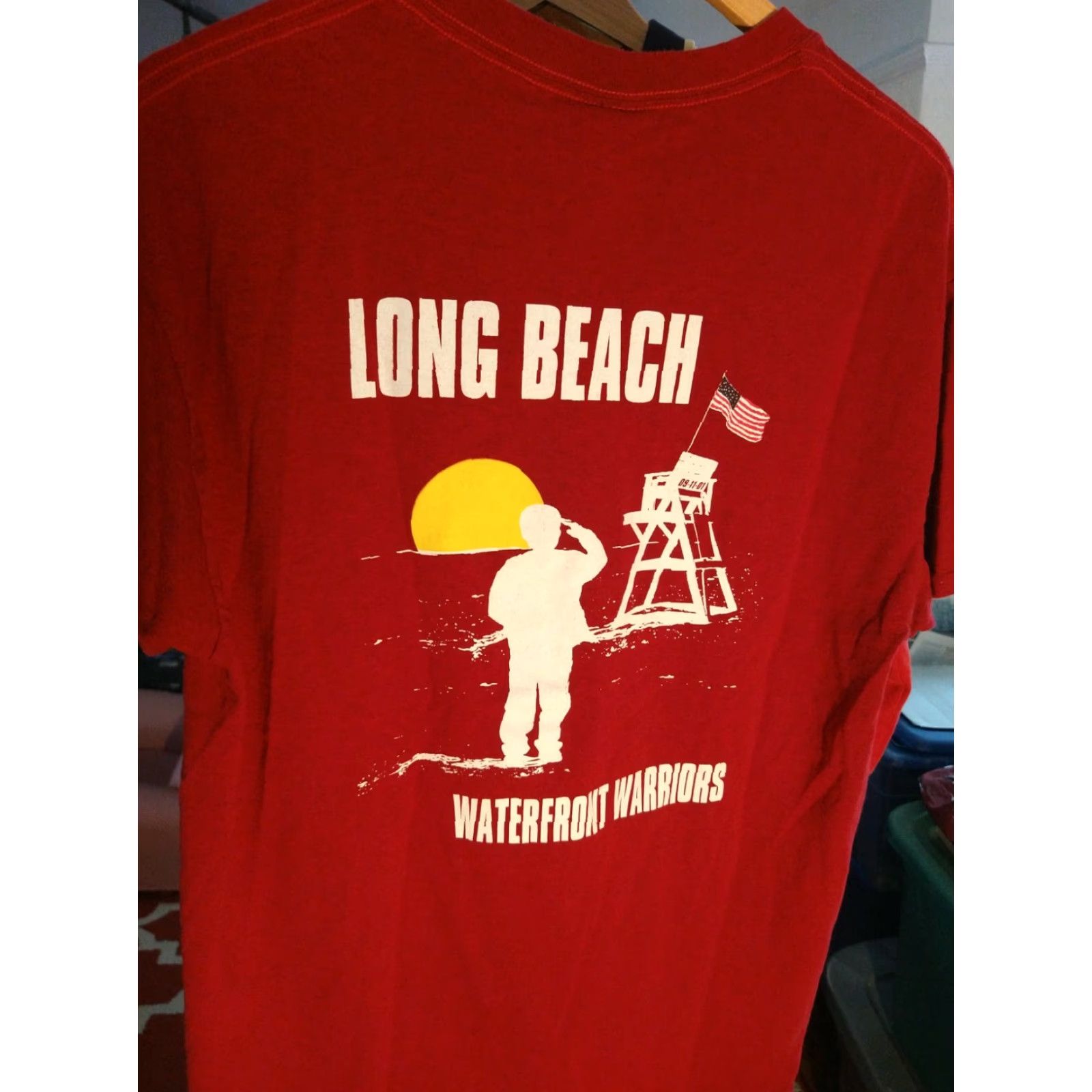 Gildan VINTAGE Lifeguard Shirt Long Beach Waterfront Warriors Shirt Red Large Gildan 9/11 911 Graphic Mens Size US L / EU 52-54 / 3 - 3 Thumbnail