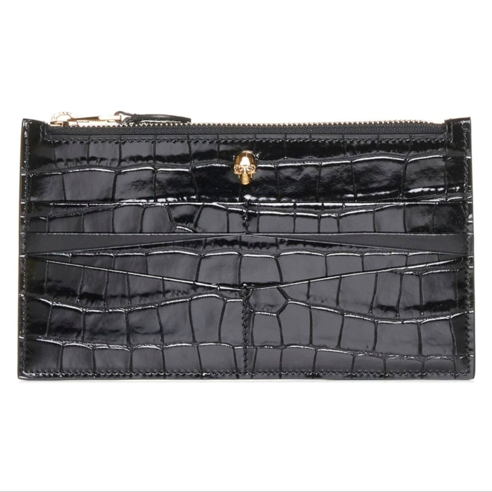 Alexander McQueen Alexander McQueen Flat Card Wallet Zip Black Croc Skull Size ONE SIZE - 1 Thumbnail