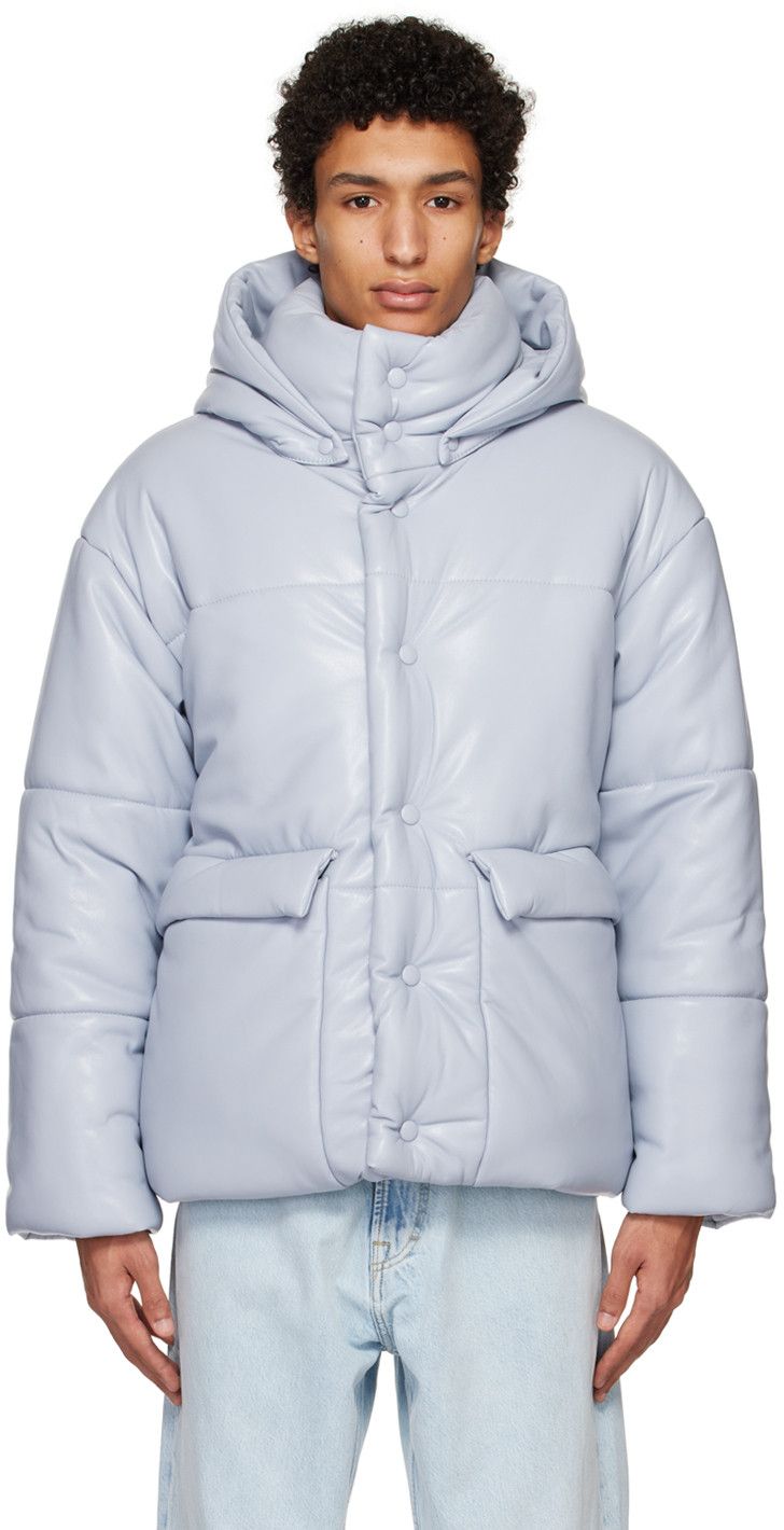 Nanushka Dusty Blue Vegan Leather Hooded Puffer Jacket Size US S / EU 44-46 / 1 - 2 Thumbnail