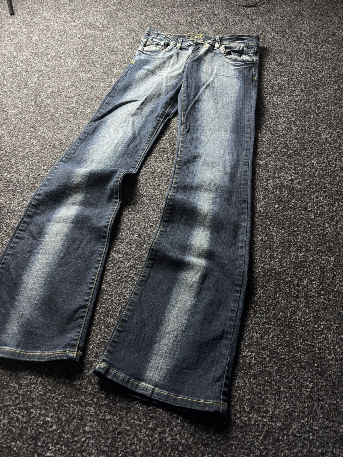 Japanese Brand Retro 00s Amadee Crown Embroidery Flare Jeans Y2K Vintage Size 29" - 4 Thumbnail