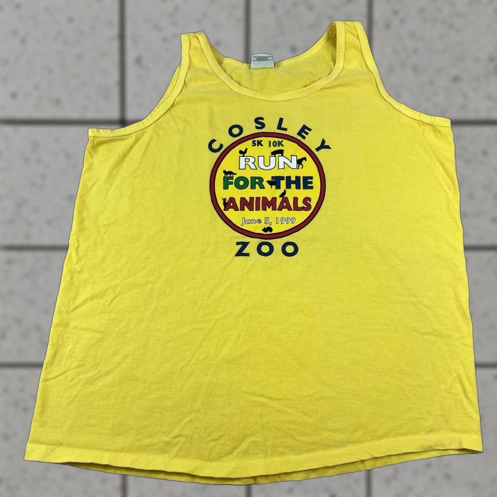 Anvil VINTAGE Anvil Shirt Tank Top 90s Zoo Illinois Run For Animals Yellow XL Men Sleeveless Graphic Print Shirt Size US XL / EU 56 / 4 - 1 Thumbnail