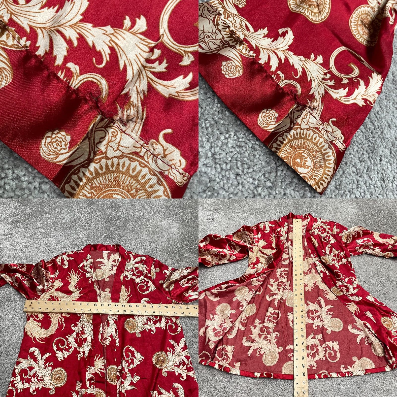 Vintage Unbranded Satin Open Front Kimono Robe Womens XXXL Red Floral Sleeve Long Red Gold Pattern Vintage: No Size ONE SIZE - 8 Thumbnail