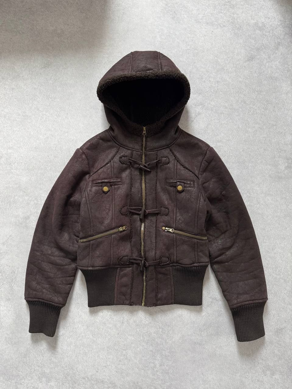 Vintage Y2K Brown Faux Shearling Hooded Toggle Jacket Distressed Size L / US 10 / IT 46 - 3 Thumbnail