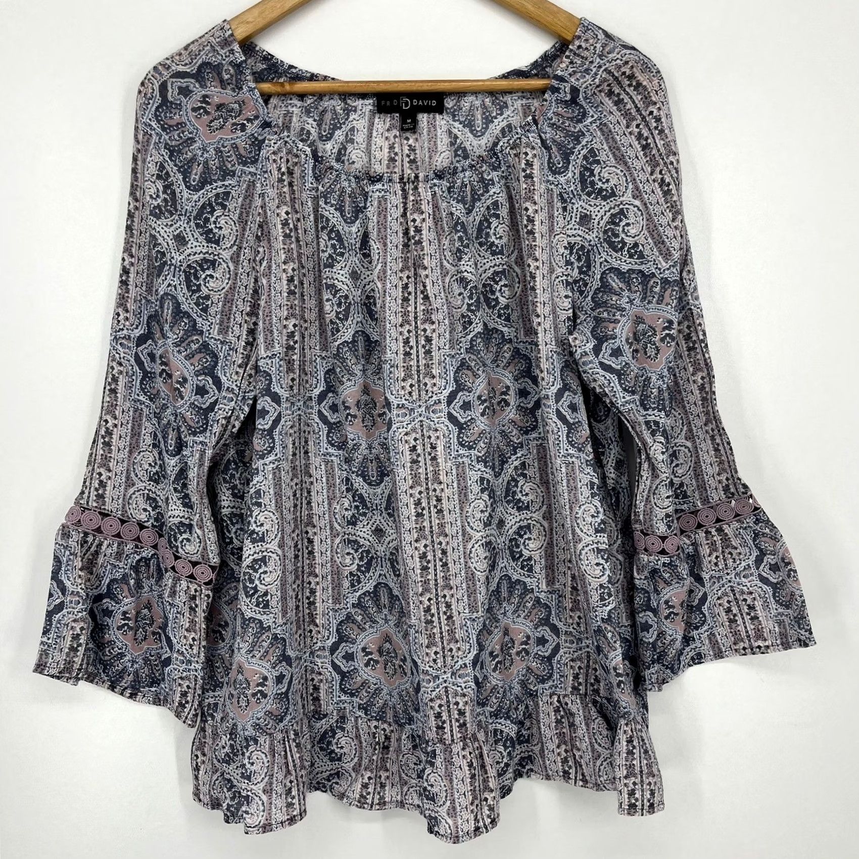 FRED Fred David Womens Blouse Paisley Medallion Bell Sleeve Multicolor M Bohemian Casual Lightweight Rayon Polyester Pullover Crew Neck Shirt Size M / US 6-8 / IT 42-44 - 2 Thumbnail