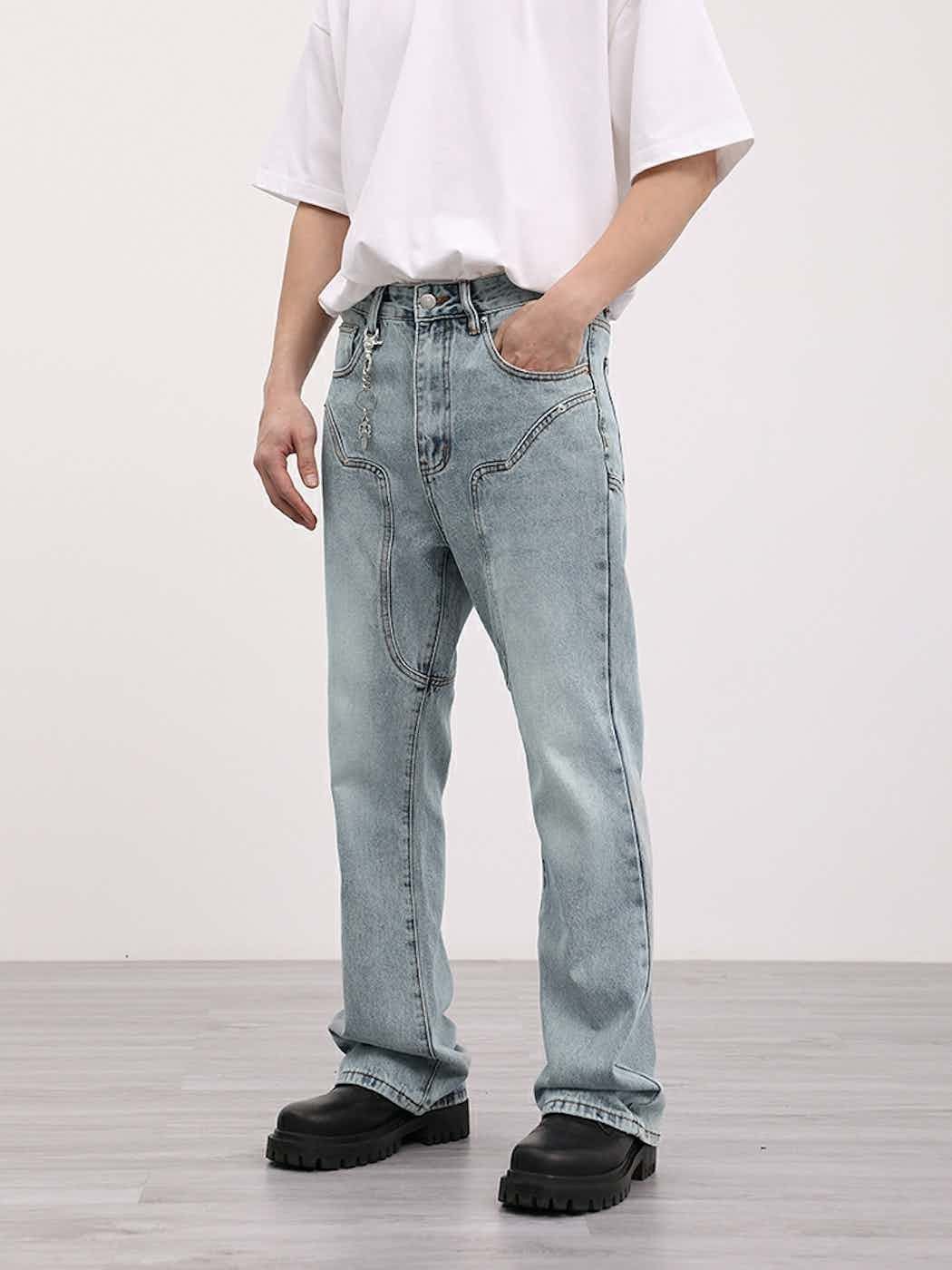 patchwork bootcut washed faded jeans