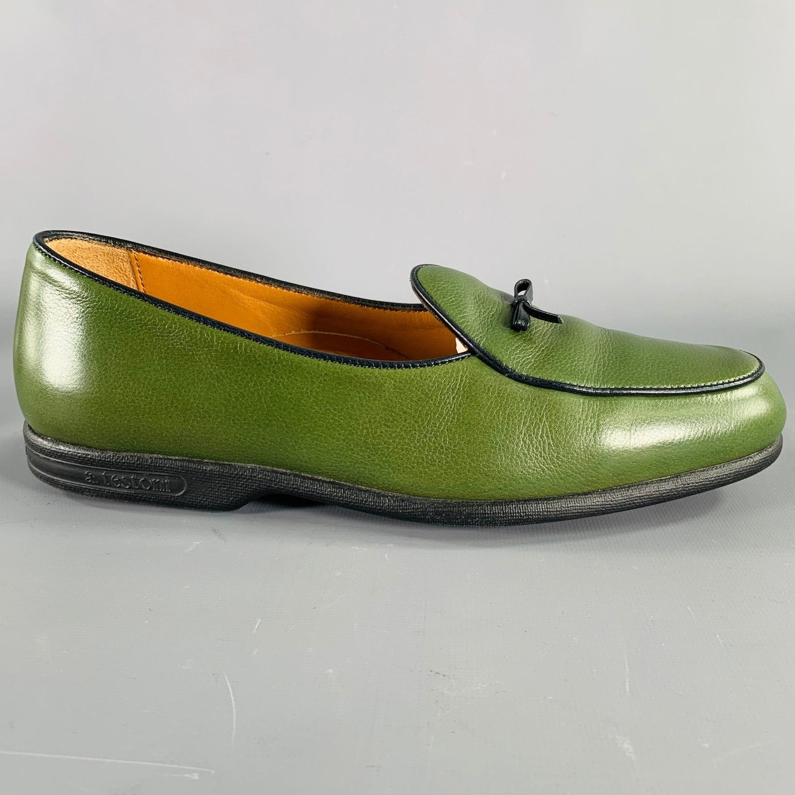 Testoni 8 Green Black Contrast Stitch Leather Slip On Loafers Size US 8 / EU 41 - 2 Thumbnail