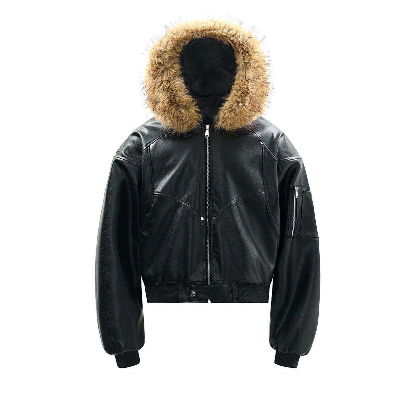 Japanese Brand Black and White Faux Leather Bomber Jacket with Fur Hood Size US M / EU 48-50 / 2 - 1 Thumbnail
