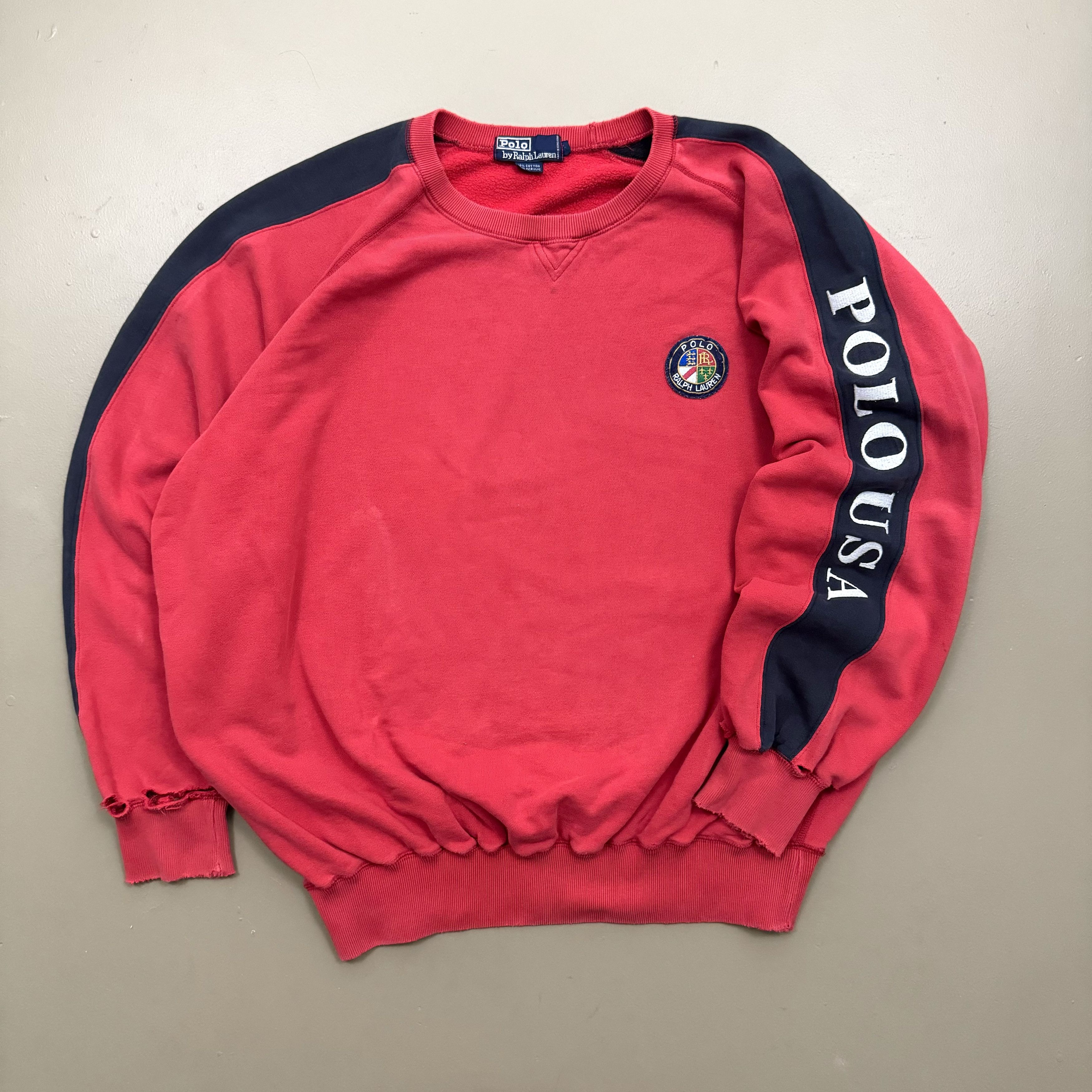 image of VTG Distressed Polo Ralph Laurent 1992 Cookie Sweatshirt in Red, Men's (Size XL)