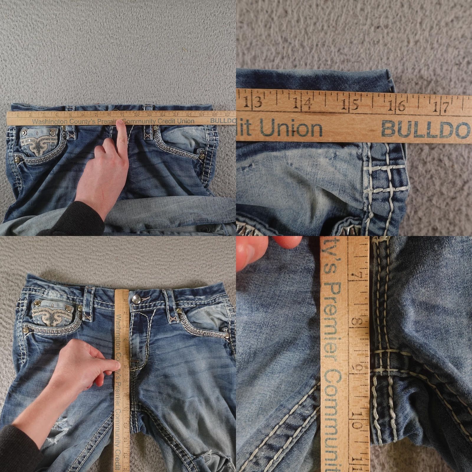 Vintage VINTAGE Rock Revival Jeans Bootscut 29x31 Womens Blue Distressed Rhinestone Embroidered Sequin Studded Denim Size 29" - 10 Thumbnail