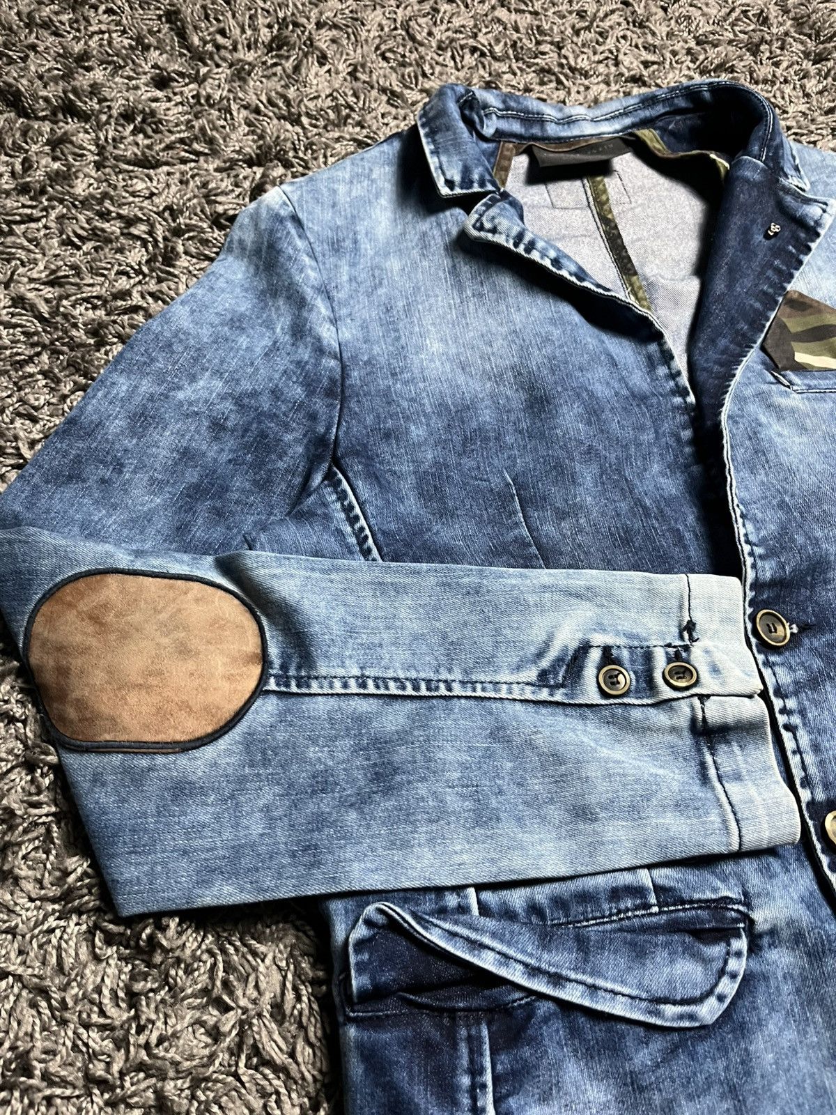 Philipp Plein Philipp Plein Distressed Denim Blazer with Camo Details Size 44S - 3 Thumbnail