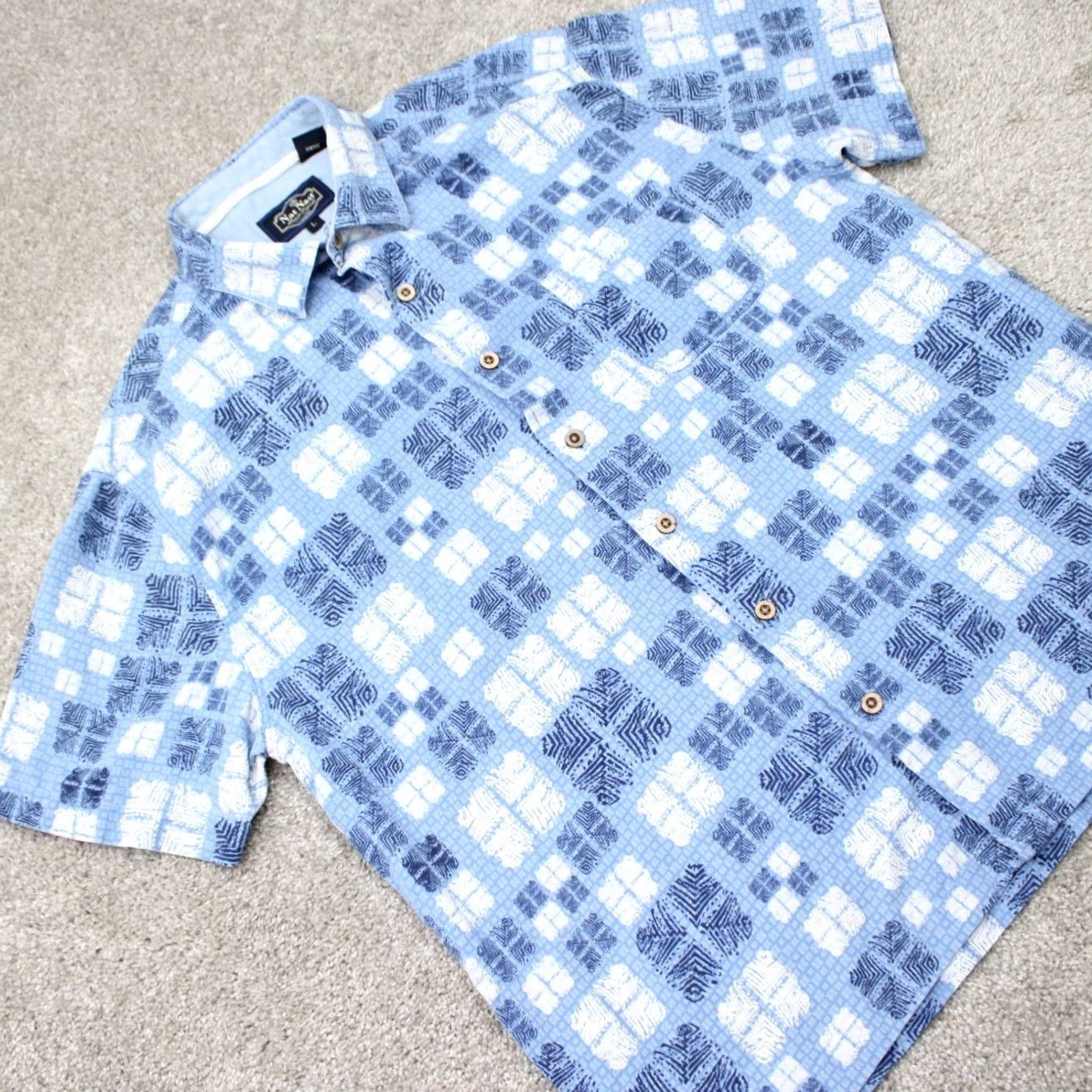Nat Nast Nat Nast Shirt Mens Large Blue Geometric Silk/Cotton Button-Up Short Sleeve Everyday Wear Mens Large Blue Geometric Silk/Cotton Button-Up Size US L / EU 52-54 / 3 - 7 Thumbnail