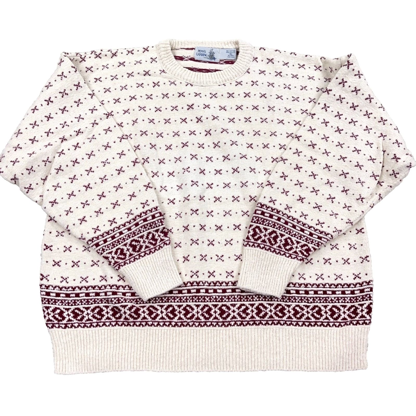 Vintage VINTAGE Penn's Landing Sweater Men XL White Red Geometric Knit Pullover Casual 80s 90s Size US XL / EU 56 / 4 - 2 Thumbnail