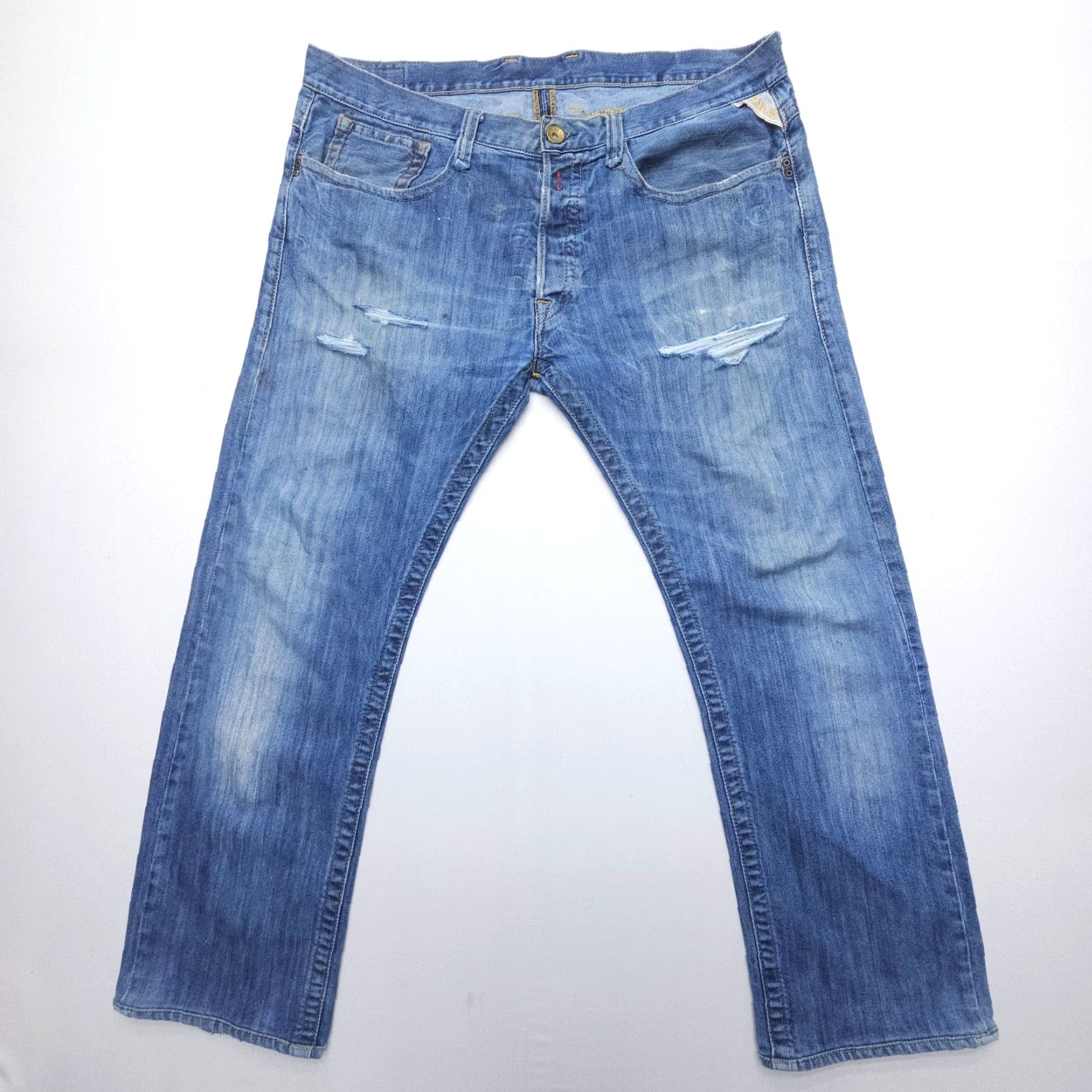 Replay VINTAGE Replay Jeans 38x29 90s Straight Button Fly Denim Blue Mens Regular 5-Pocket Distressed Rock Street Distressed Size US 38 / EU 54 - 2 Thumbnail