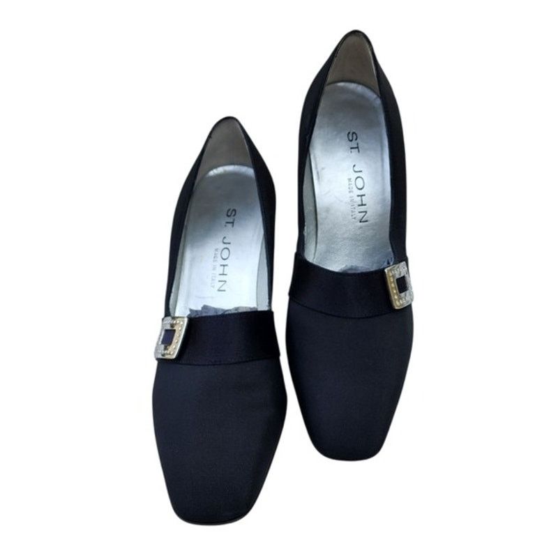 Designer St. John Black Fabric Square Crystal Accent Italian Pumps 7 Size US 7 / IT 37 - 2 Thumbnail