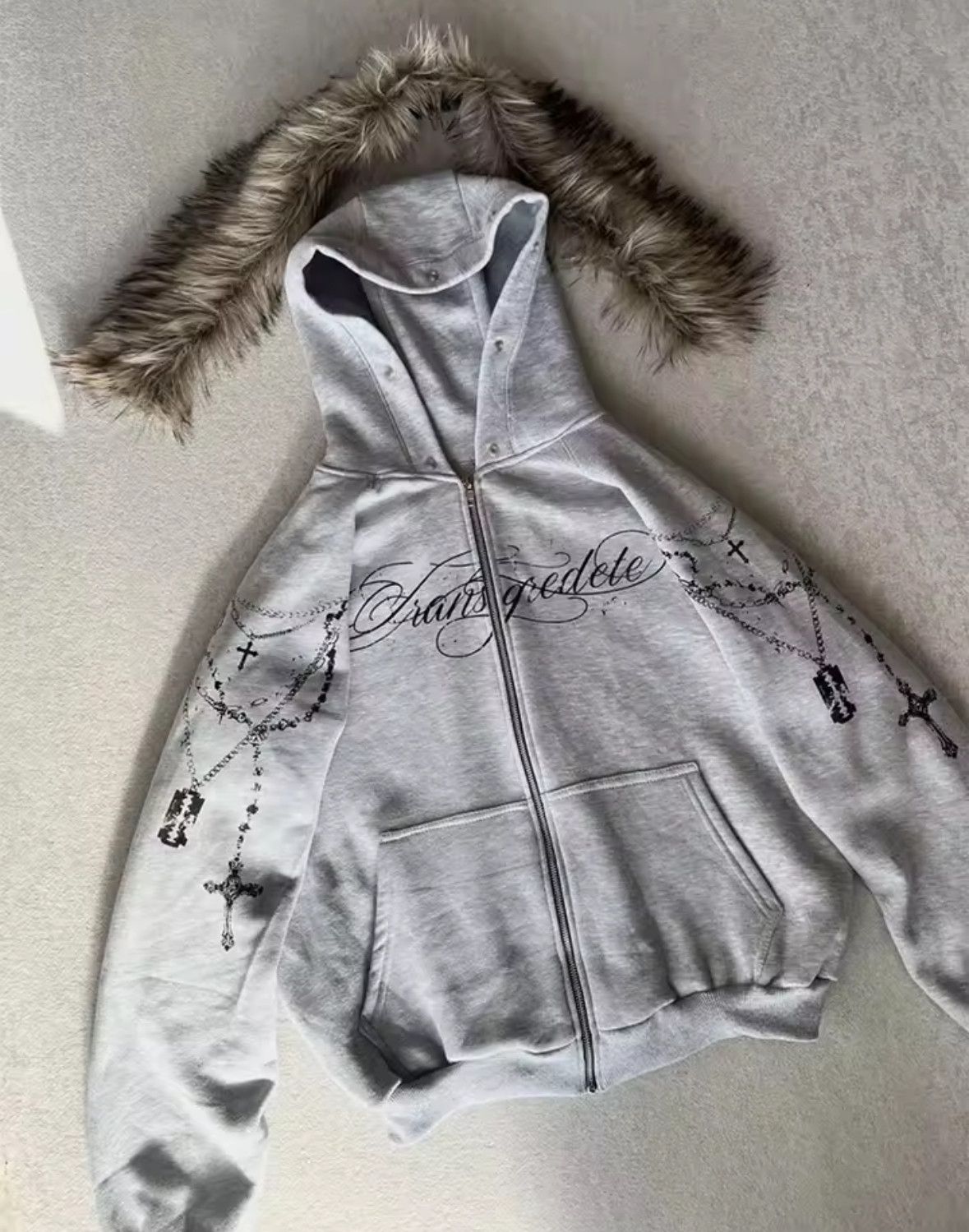 Other Fashion Punk Goth Grunge Detachable Fur Hat Graphic Hoodies Size US S / EU 44-46 / 1 - 1 Thumbnail