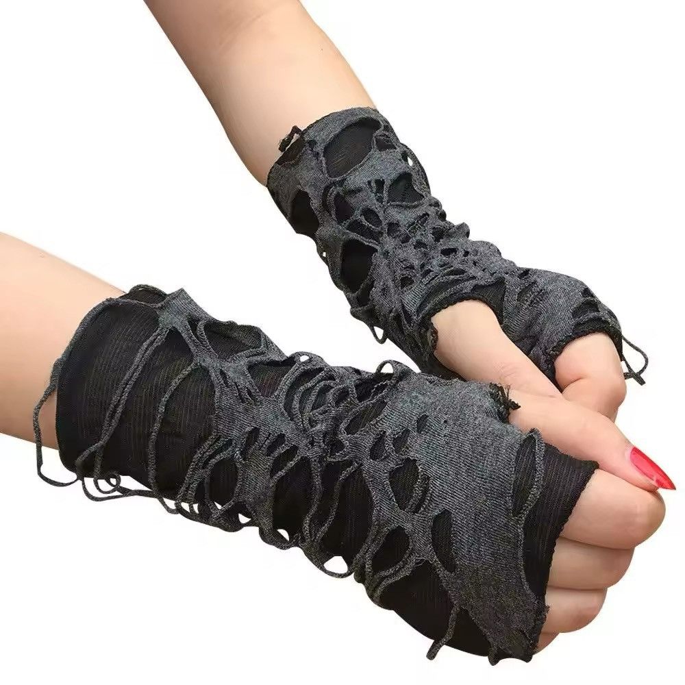 Other Simple Gothic Fingerless Gloves Unisex Tear Design Stretchy Size ONE SIZE - 1 Thumbnail