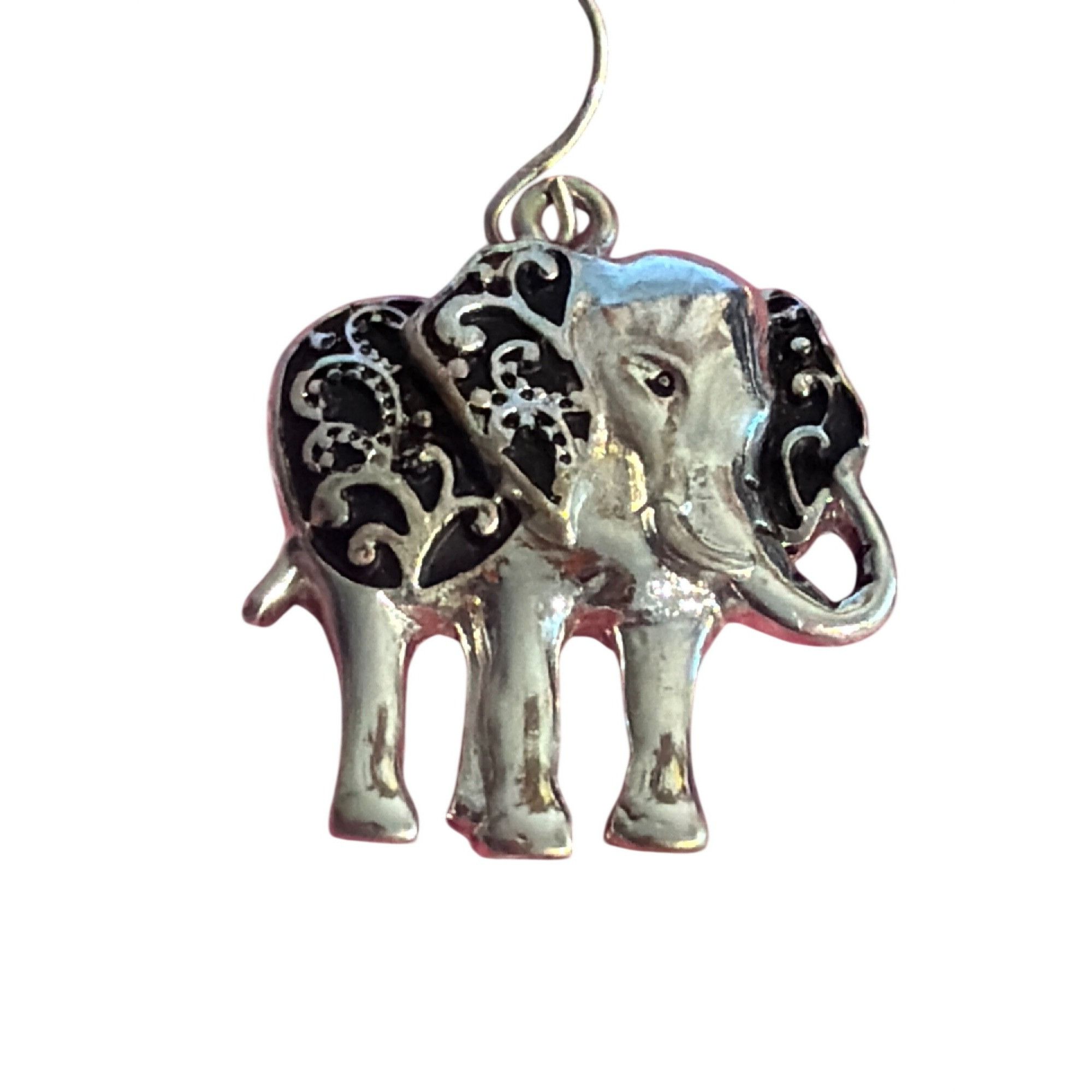 Other Silver Tone Black Enamel Elephant Dangle Earrings Hooks Trun Size ONE SIZE - 2 Thumbnail