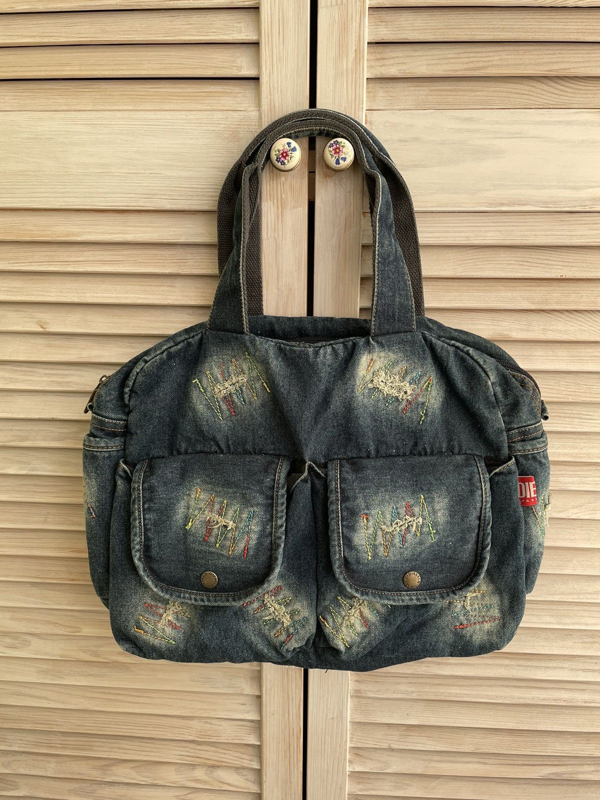 Vintage Diesel distressed denim embroidered sashiko tote bag
