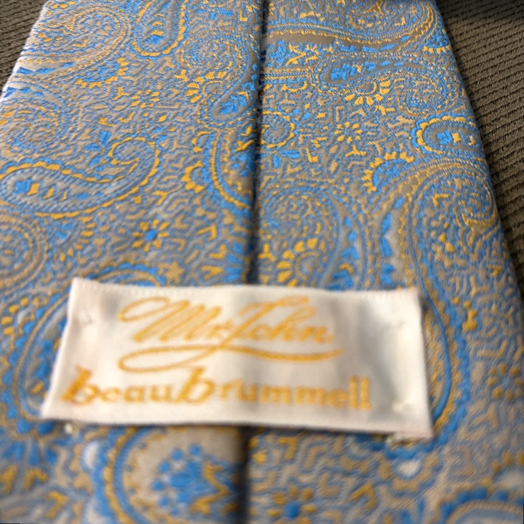 Vintage Mr John beau Brummell Mens Silk Jacquard Paisley Floral Tie Yellow Blue Size ONE SIZE - 3 Thumbnail