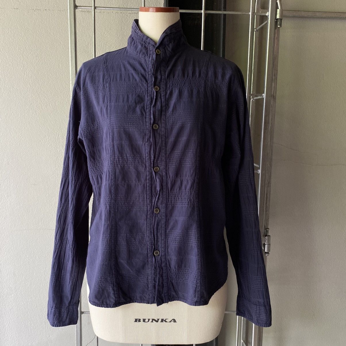 Issey Miyake Plantation Navy Textured Stand Collar Shirt Size M / US 6-8 / IT 42-44 - 18 Thumbnail