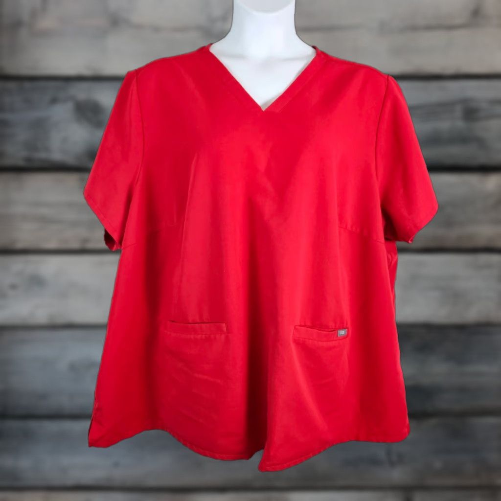 Vintage FIGS Scrub Top Shirt Solid Red Short Sleeve V-Neck Womens 6XL XS? Size XL / US 12-14 / IT 48-50 - 1 Thumbnail