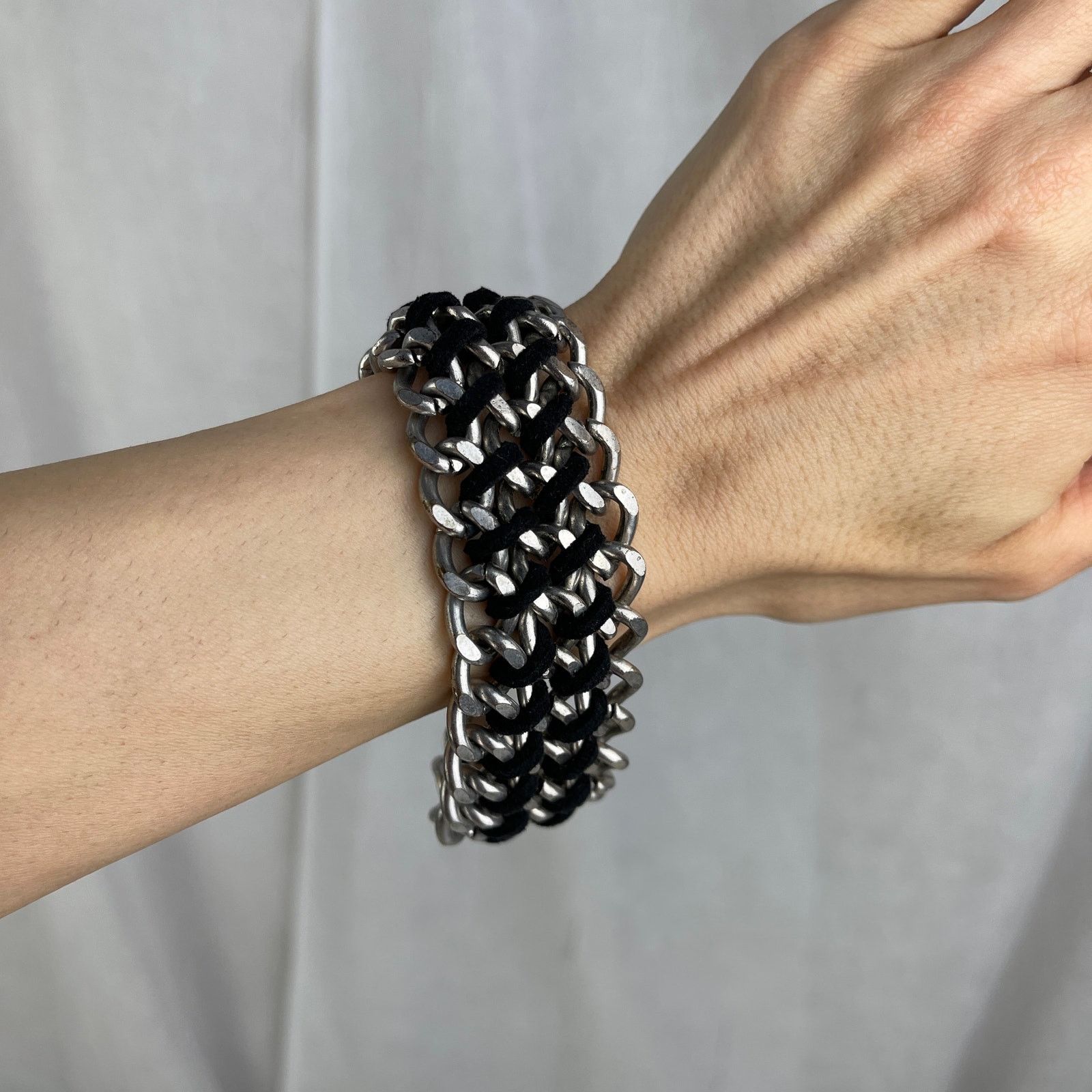 Other Silver Tone Chain Link Bracelet Black Braided Faux Leather Size ONE SIZE - 3 Thumbnail