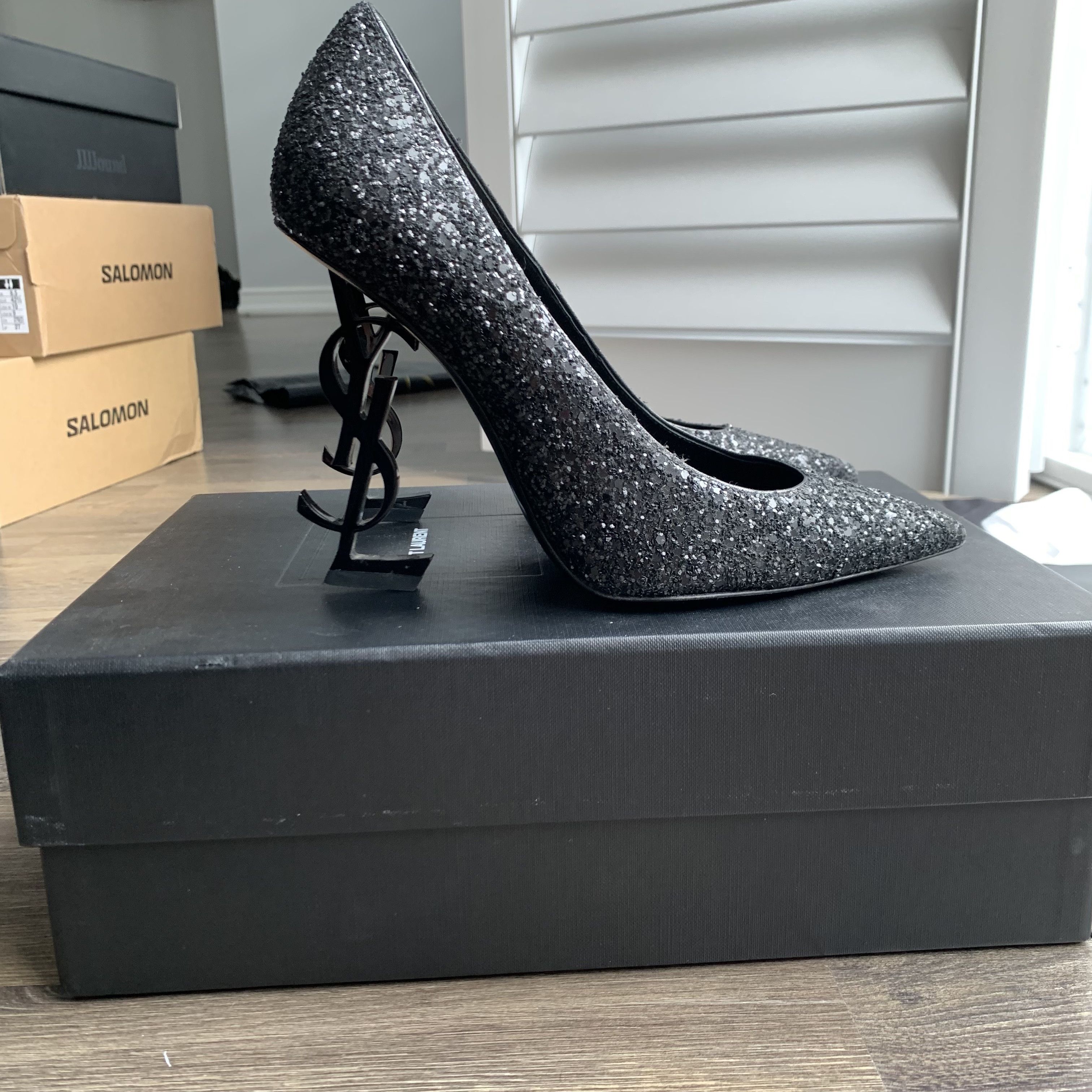 image of Saint Laurent Paris Saint Laurent 110 Opyum Black Glitter Logo Pumps Shoes, Women's (Size 6)