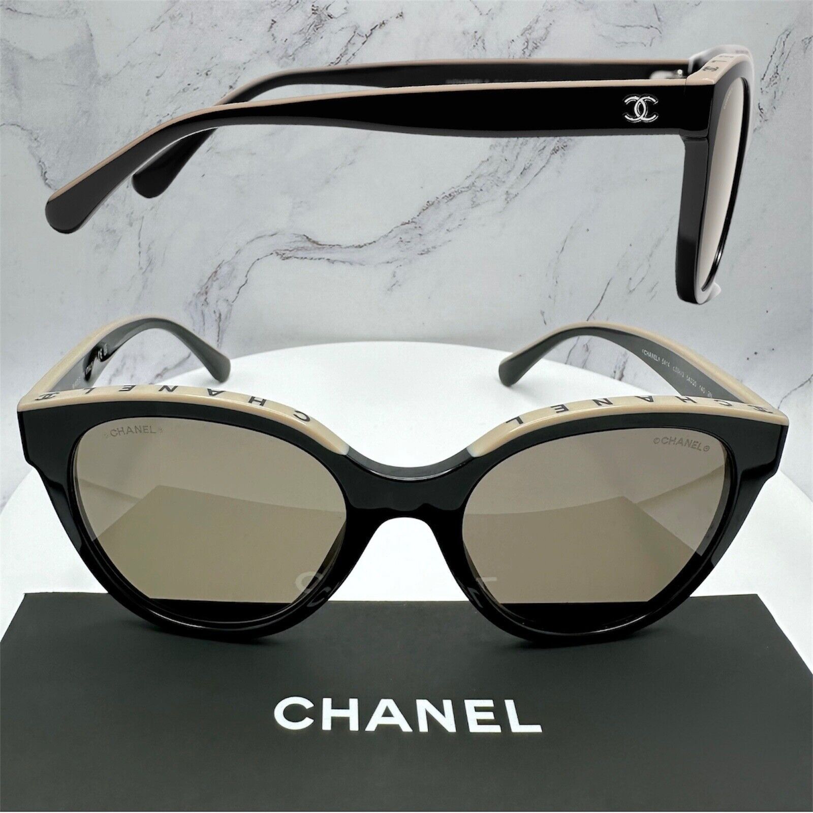 New CHANEL Sunglasses Black Beige Top Frame Logo