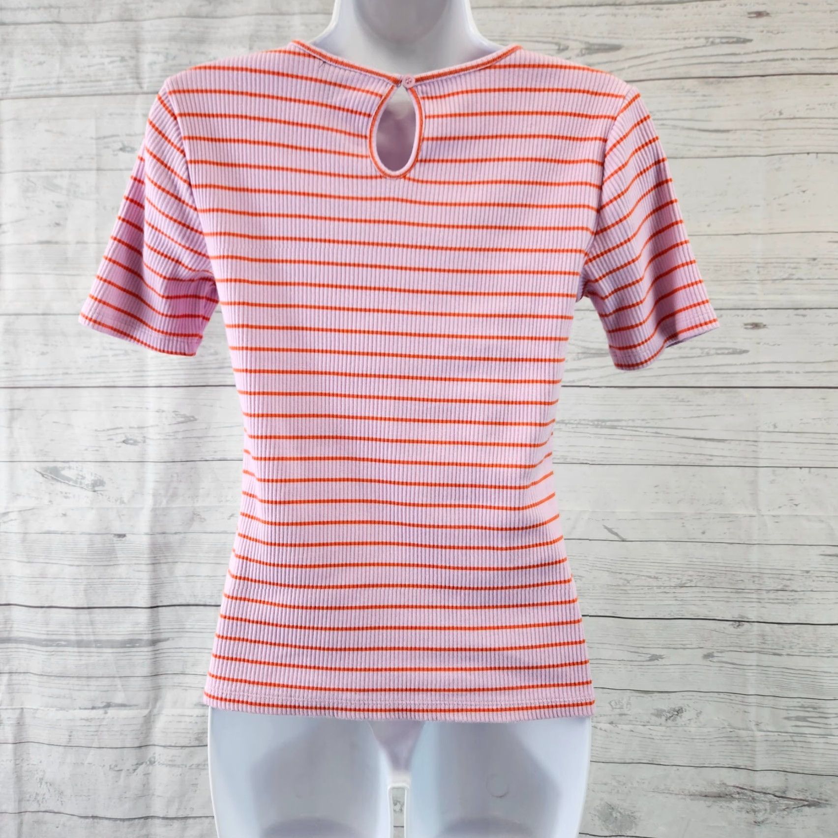 Ann Taylor Ann Taylor Womens Blouse Shirt Small Pink Orange Stripe Cotton Blend Short Sleeve Round Neck Woman Indoor Ladies Shirt Size S / US 4 / IT 40 - 4 Thumbnail